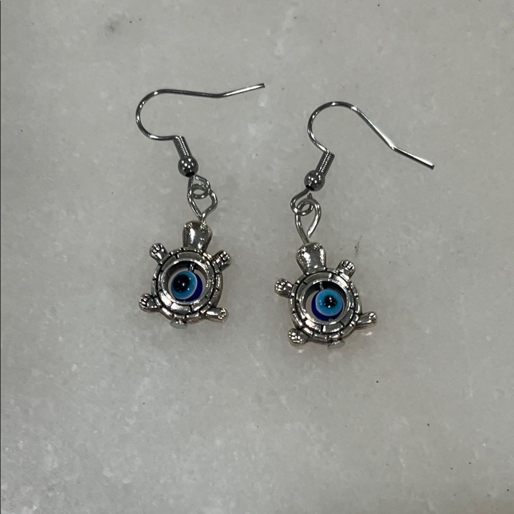 Silver Turtle Earrings with Blue Evil Eye Accent Protection Jewelry